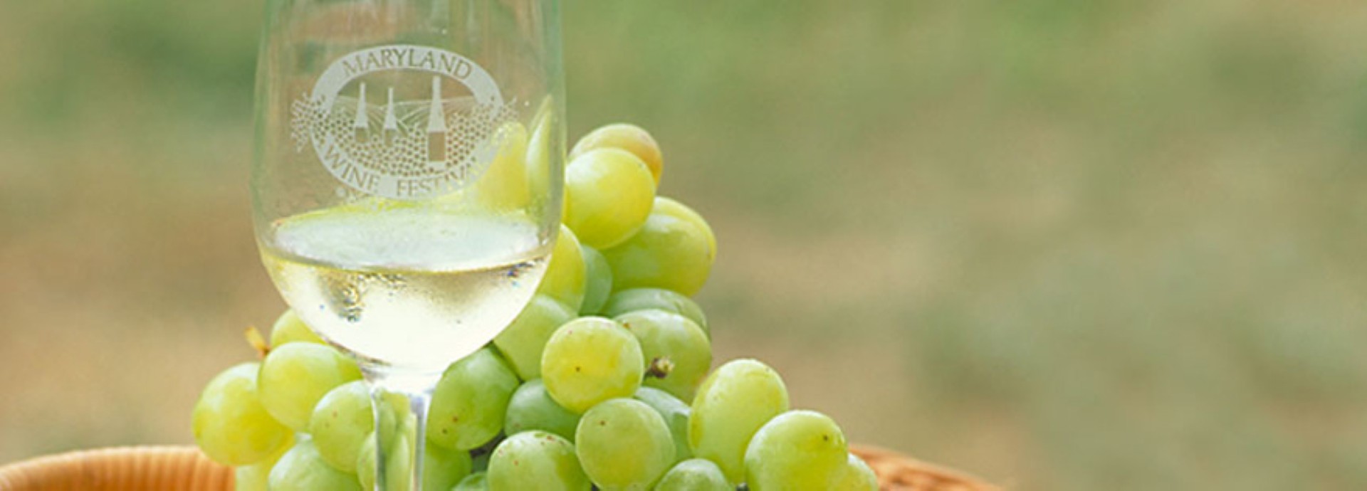 Image of a wine glass with grapes sitting on a basket