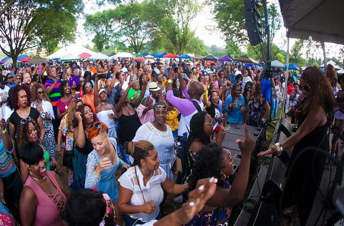 Image of a large group of people dancing in front of a music group