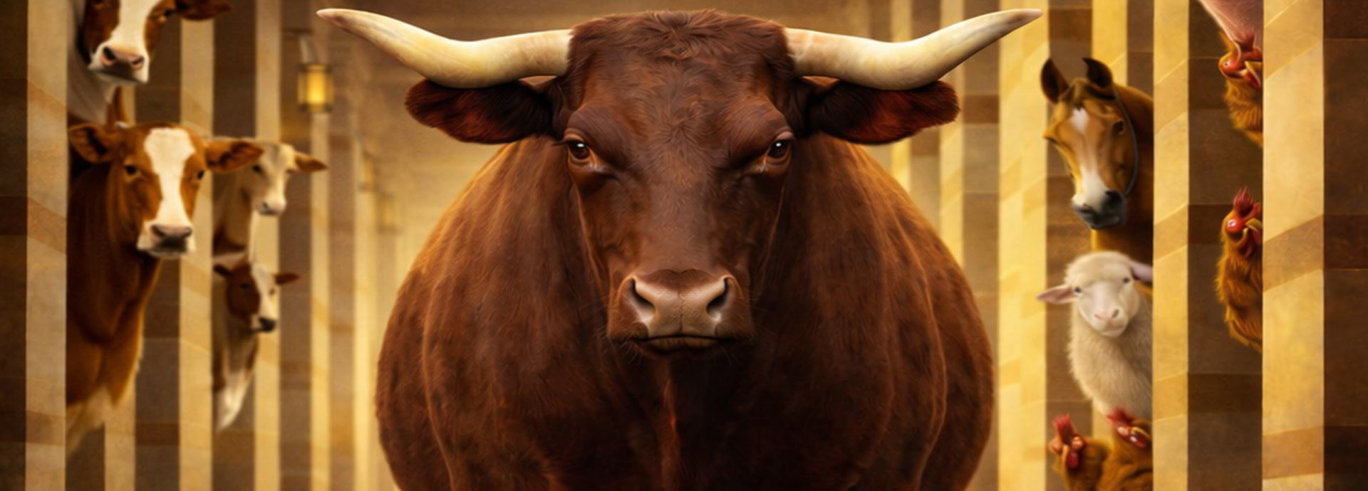 Image of an Ox with different other livestock looking toward the camera