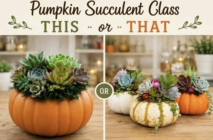 Image of Pumpkins with Succulent plants arranged in them
