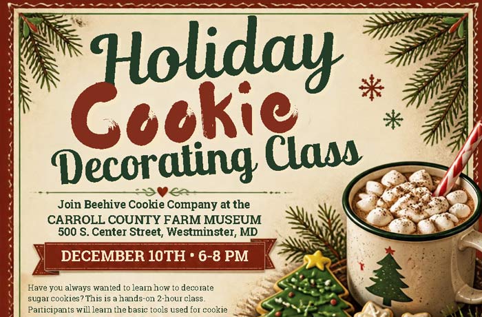 Image of cookie decorating class flyer with a mug of hot chocolate